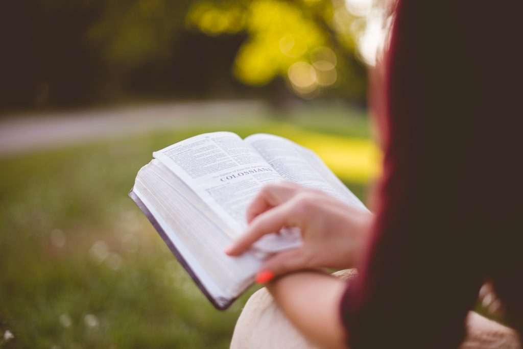 Girl reading a book sitting outside.
