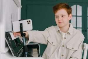 Elementary school boy looking at a computer screen