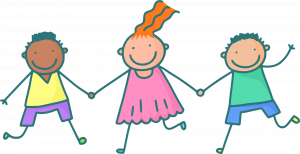 Cartoon primary children holding hands and smiling